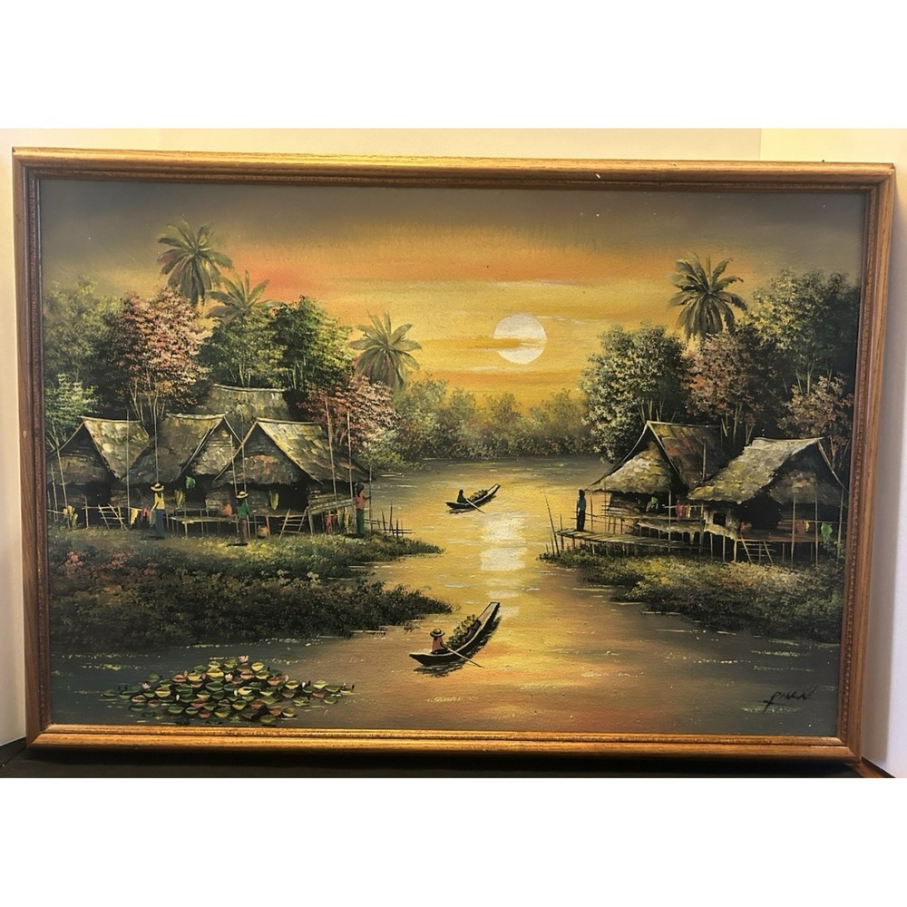 Vintage Artist Signed Original Framed Japanese Painting W/Frame 25in w x 17in t
